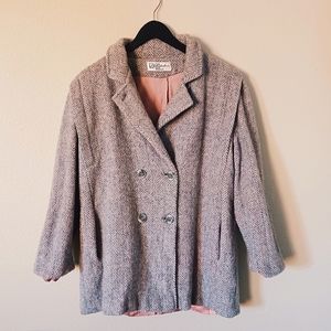 Vintage 70s 80s Gray Herringbone Wool Peacoat Oversized Lined Soft Shawl Collar